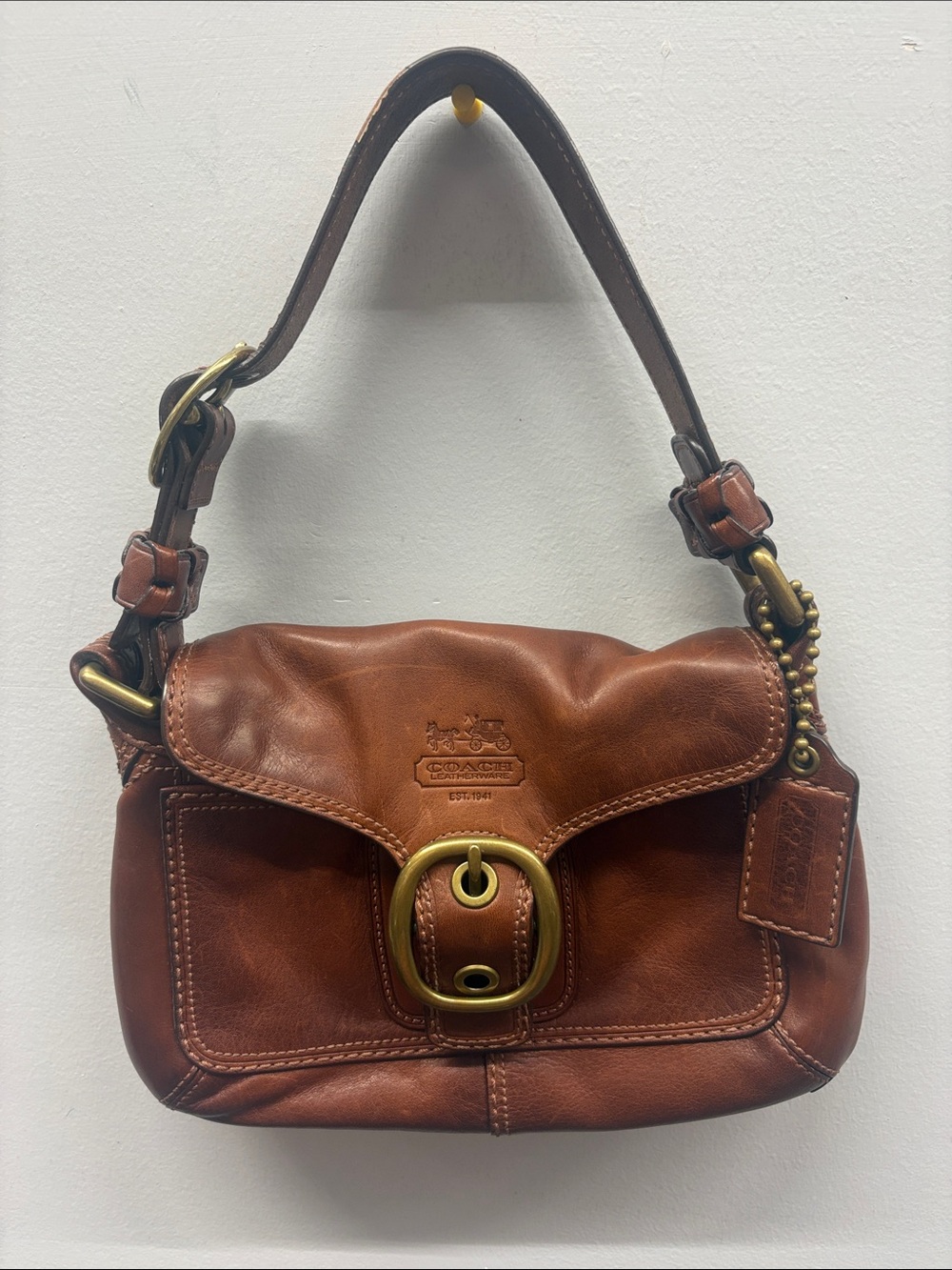 COACH Legacy Bleecker Brown Leather Shoulder Bag with Buckle Detail